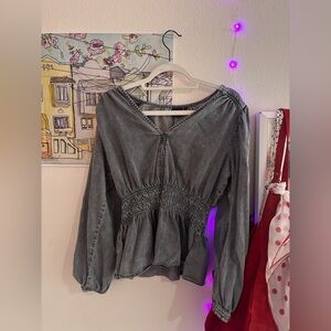 GAP Washed Black Peplum Blouse – Size L Long Sleeve Boho Top